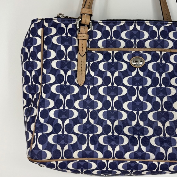 Coach Shoulder Bag Blue White C Logo Beige Leather Handles Trim 3-Compartment - Picture 4 of 16